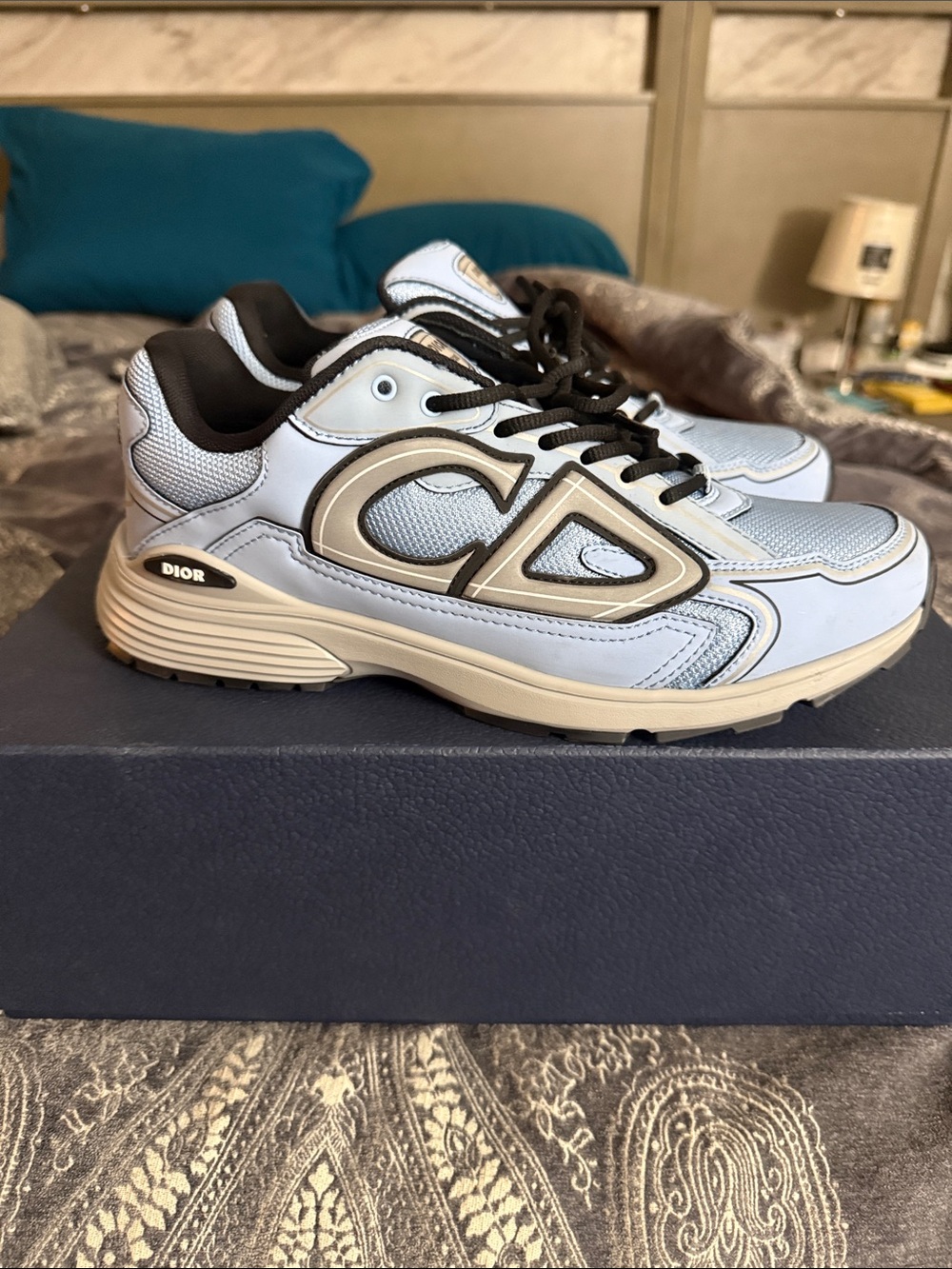 Dior Men’s Light Blue and Black Runner Sneakers with Cream Accents